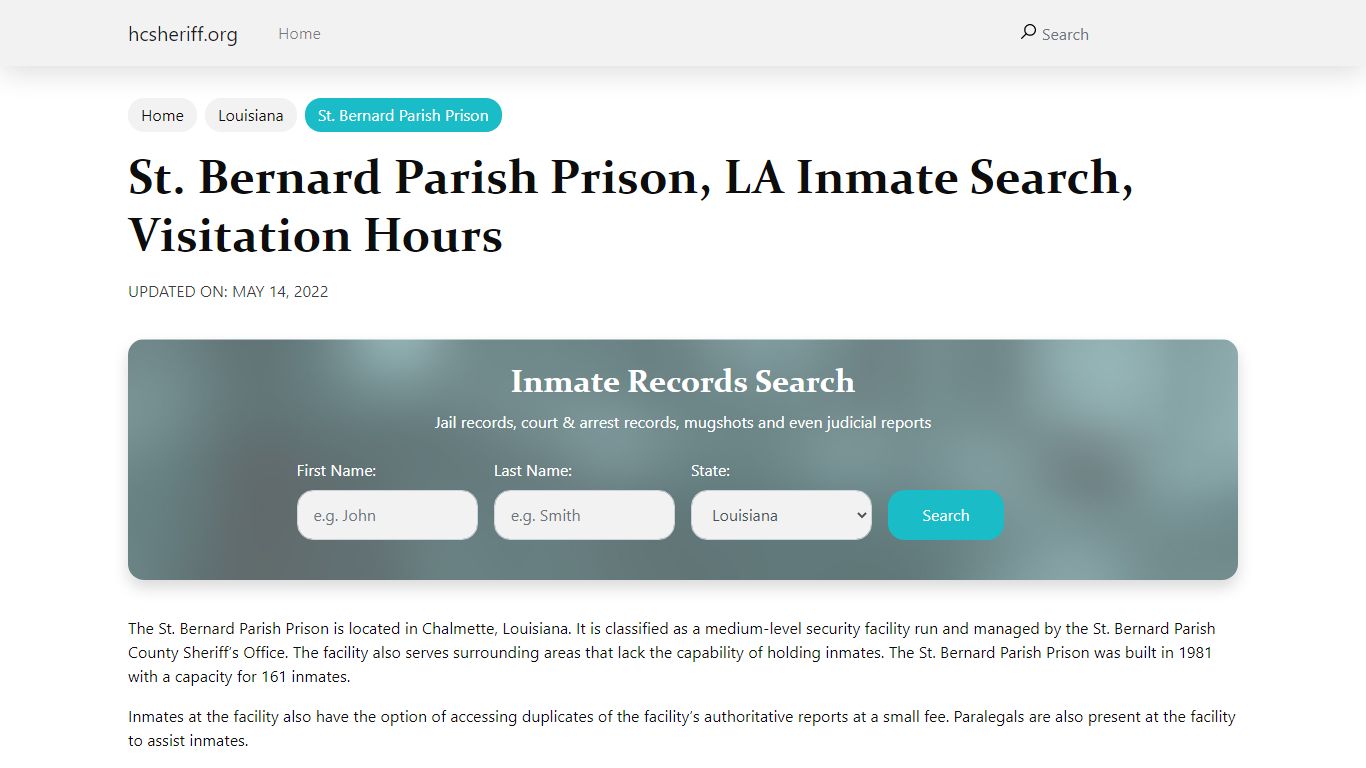 St. Bernard Parish Prison, LA Inmate Search, Visitation Hours